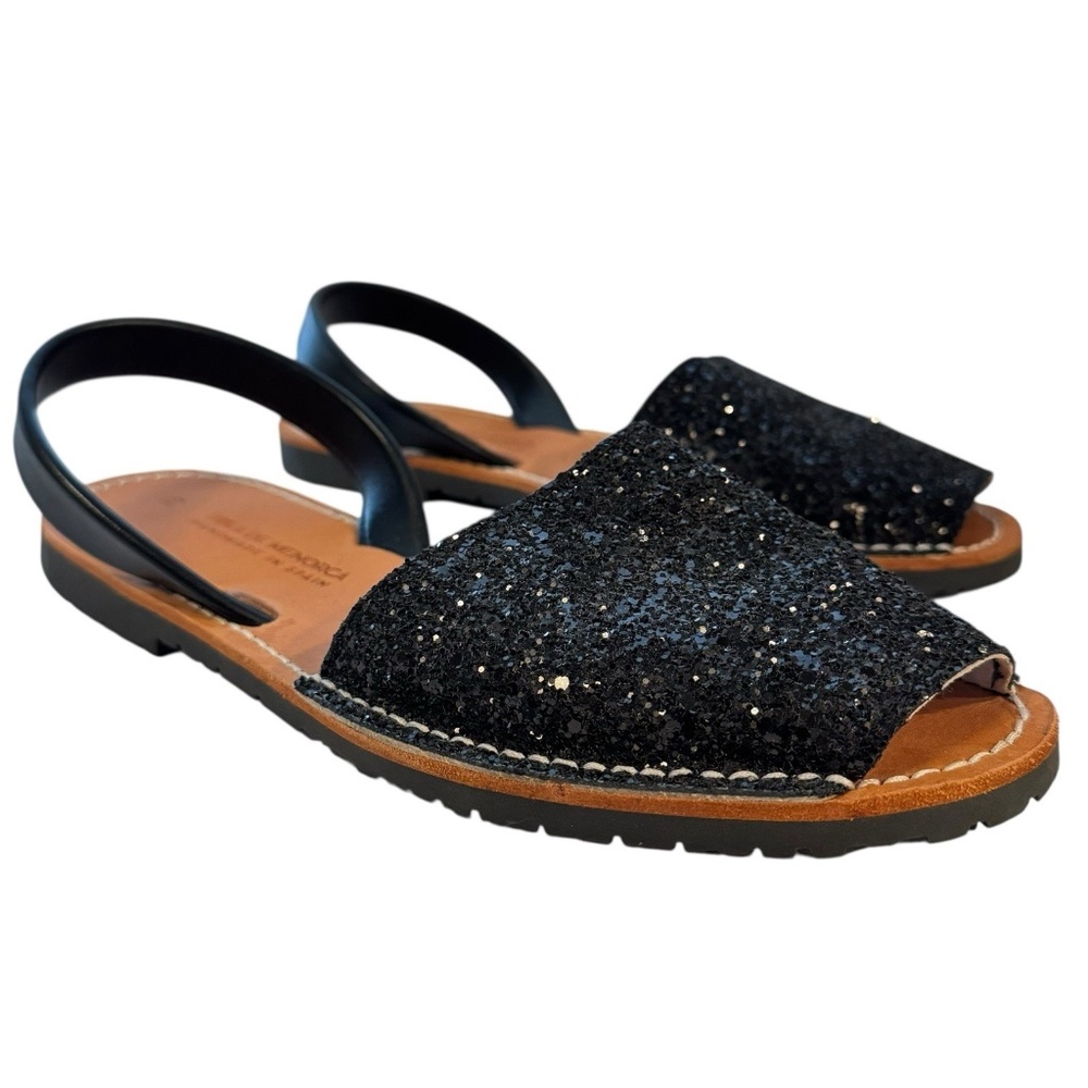 LOLA DE MENORCA Black Flat Sandals Made Spain Leather Glitter Women's Size 8 39